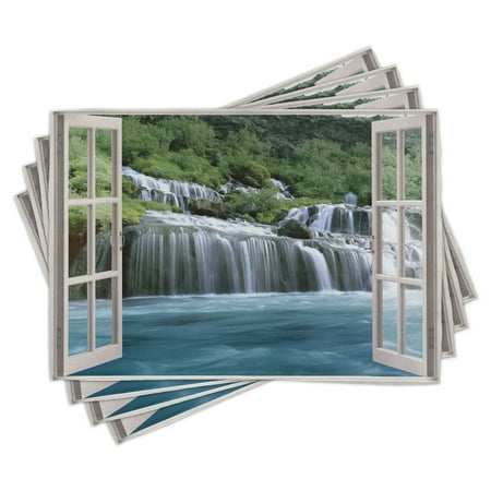 

Waterfall Placemats Set of 4 Majestic Waterfall Landscape through A Window Imaginary Secret Paradise Print Washable Fabric Place Mats for Dining Room Kitchen Table Decor Blue Green by Ambesonne