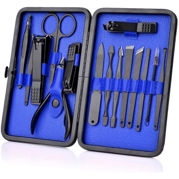 15 in 1 Manicure Pedicure Set Nail Clippers - Steel Fingernail & Toenail Clippers Stainless Professional Pedicure Kit Nail Scissors Grooming Kit with Black Leather Travel Case (Blue)