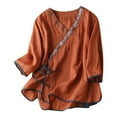 thumbnail image 2 of Tittly Womens Shirts Long Sleeve Shirts for Women Women Cotton Linen Shirts Vintage Chinese Embroidery 3/4 Sleeve Casual Trendy Tops Loose Side Tie Slit Blouse Tshirts Shirts Workout Shirts Orange 3XL, 2 of 8
