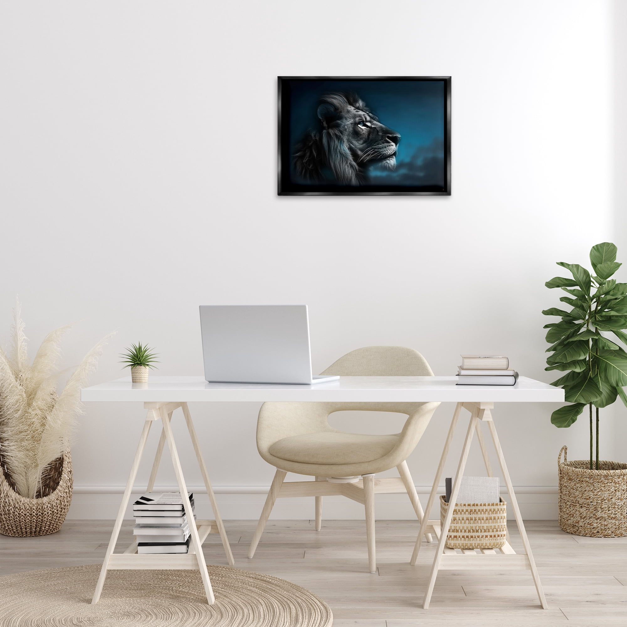Stupell Industries Intense Gazing Lion Animals & Insects Painting Black Floater Framed Canvas Art Print Wall Art, 25 x 17