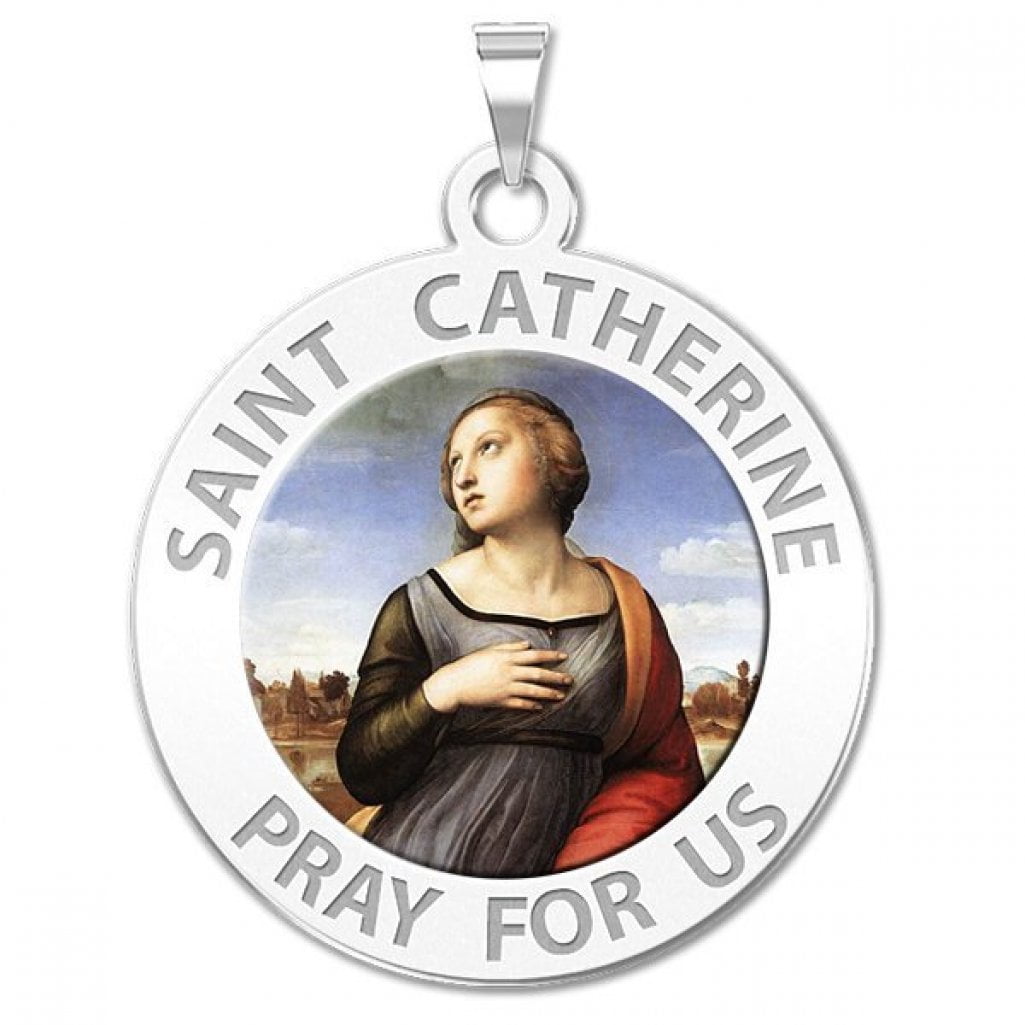 Saint Catherine of Alexandria Religious Medal - Color - 3/4 inch Size of a Nickel -White Gold