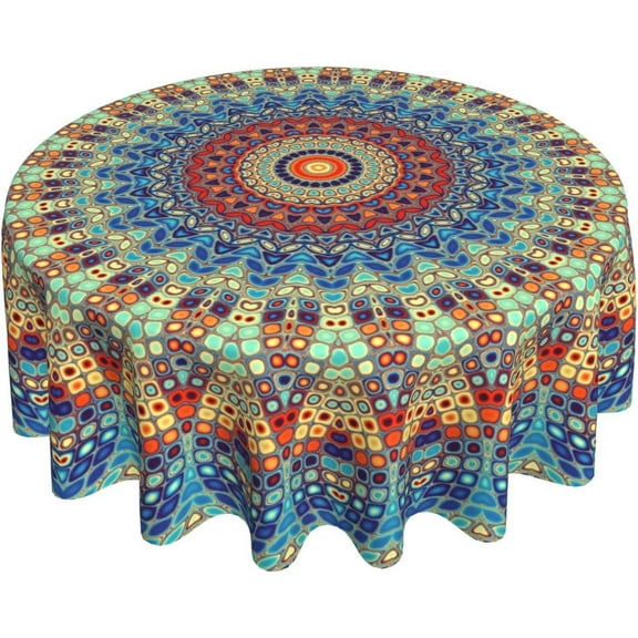 Verolix Boho Round Tablecloth 60 Inch Mandala Pattern, Polyester Waterproof Washable Wrinkle Resistant Table Cover for Dining Room Party Outdoor Picnic