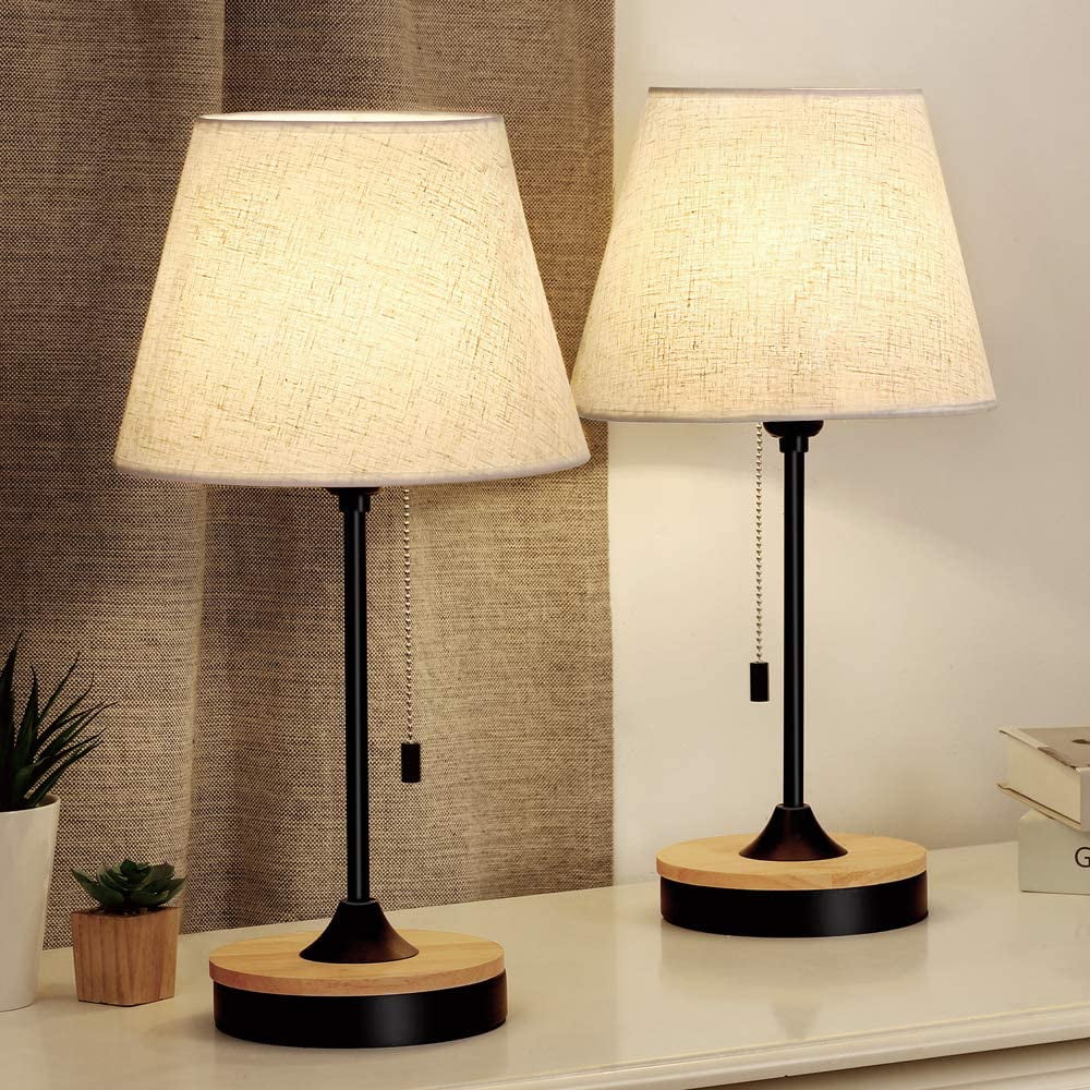 Set of 2, Wood Desk Lamps with Neutral Shade & Soft, Elegant Black