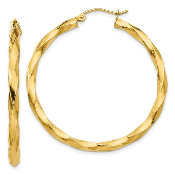 14K Yellow Gold Earring Hoop Women'S 40 mm 3 Polished 3Mm Twisted Earrings