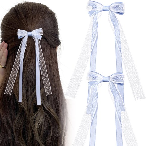 CustomyLife 2 lazos para el pelo de encaje azul, bonitos clips de lazo de cola larga, pasadores con lazo para mujer, Navidad, San Valentín, boda, baile de graduación, accesorios decorativos