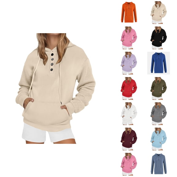 Basic Hoodies for Women 2025 Long Sleeve Button Plain Hoodie with Pockets Streetwear Hooded Sweatshirt Pullover Tops