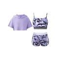 thumbnail image 5 of Raenseen Kids Girls Dance Gymnastic Workout Outfit Short Sleeve Hooded with Crop Tank Top Shorts Set Purple 8, 5 of 9