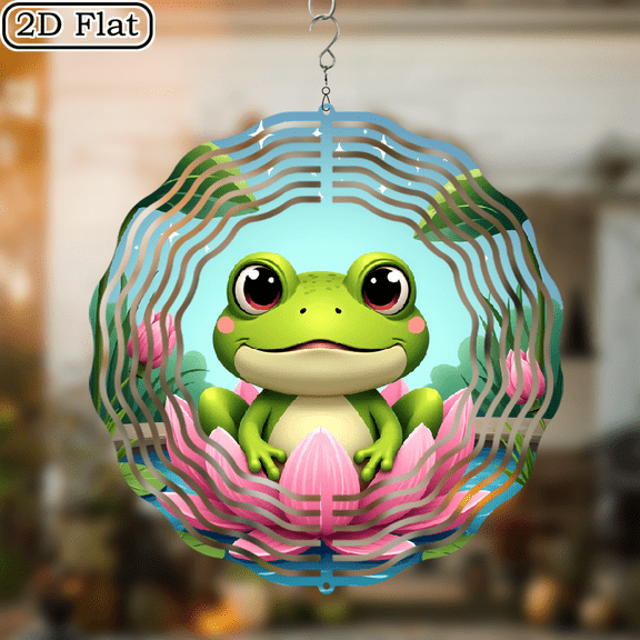 3D Rotating Wind Chime _ Frog on for Lotus Flower Round _- 10*10 Inch Stainless Steel Wind Spinner for Yard, Garden, Outdoor Decor - Multicolor Holiday Decoration