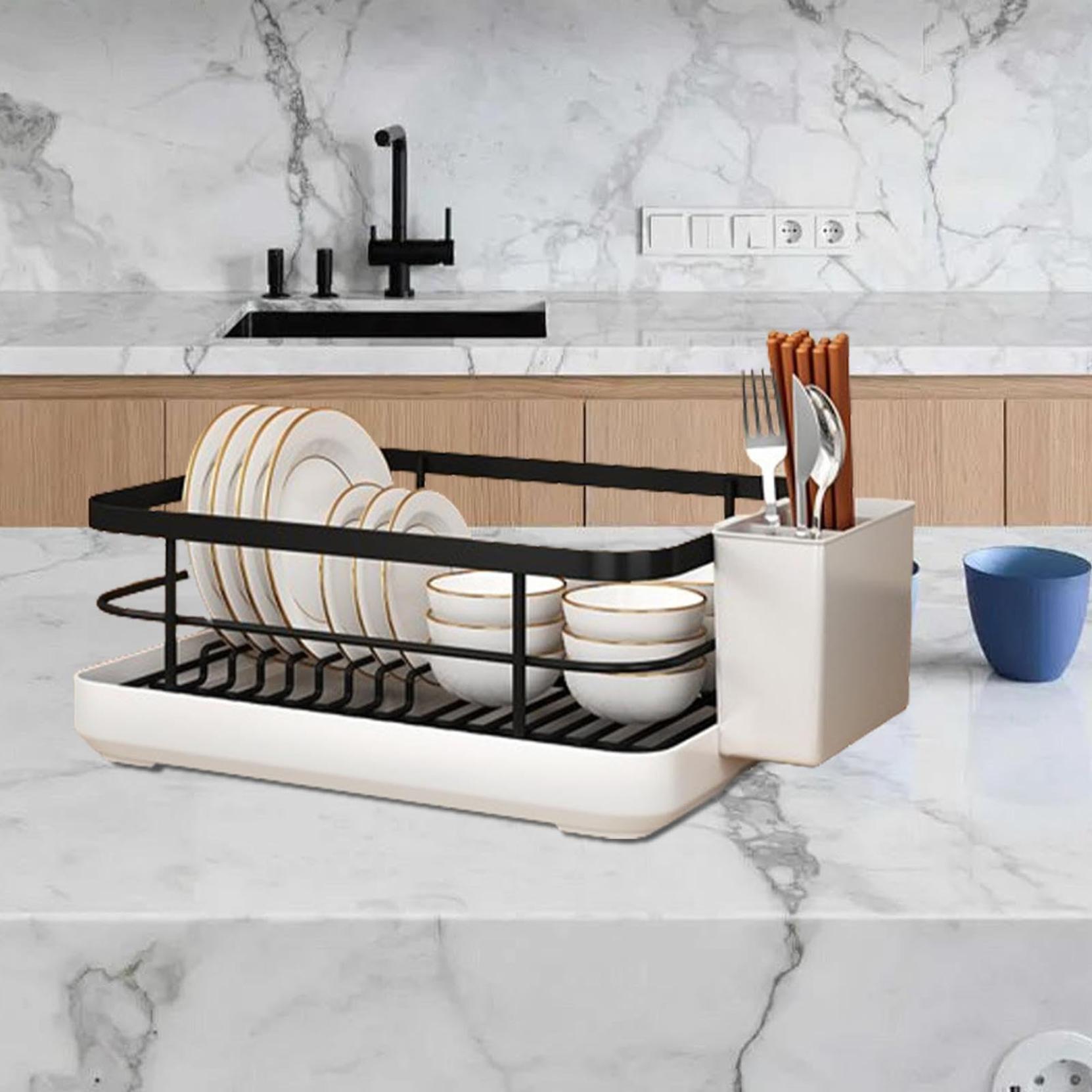 KMWGRE Dish Drying Rack for Kitchen Counter - Cutlery Drainer with Utensil Holder | Dish Organizer, Drying Dish Rack with Tray for Bowls and Plates,13.39''L x 10.24''W x 6.3''H