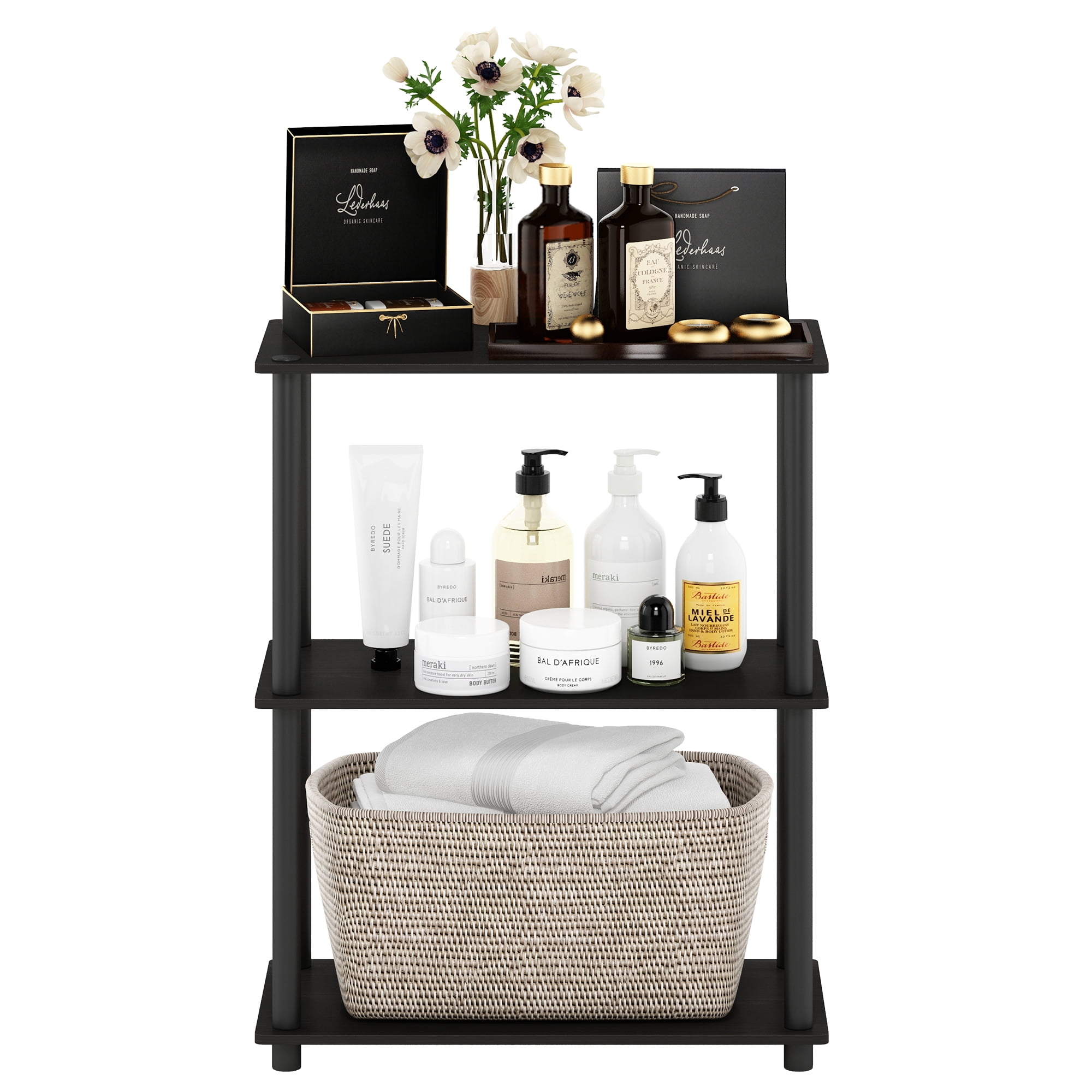 Furinno TURN-N-TUBE Storage Shelves, 3-Tier Book Shelf, Corner Shelf, Toolless Open Shelves, for Organization and Storage, Living Room, Bedroom, Entryway, Laundry, Black Espresso