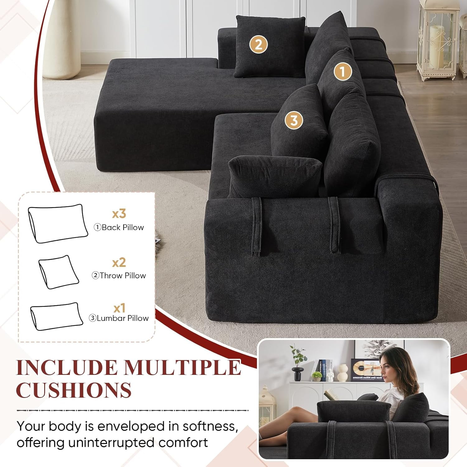 AENKYO 108" Chenille L-Shaped Sectional Sofa Set with 6 Pillows, Free-Combination Modular Couch for Living Room, Black, Left-Facing Chaise
