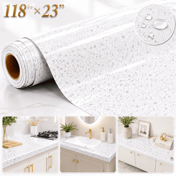 White Glossy Marble Contact Paper for Countertops 118”×23” Self Adhesive Removable Wallpaper Granite Peel and Stick Wallpaper,Waterproof Easy to Clean for Bathroom/Kitchen/Cabinets.