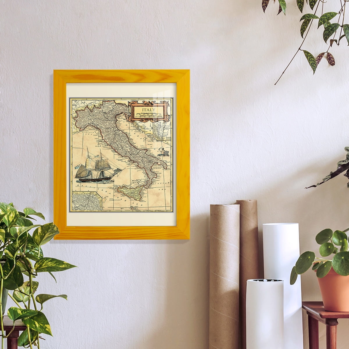 Italy Map -Framed Print w/glass-Sunflower Yellow