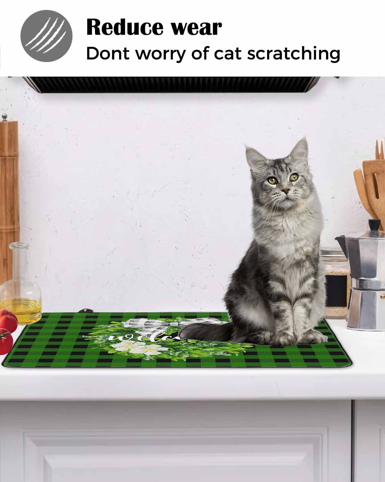 Large Induction Cooktop Protector Mat Botanical Flower Wreath Stove Top Covers for Electric Stove, Rustic Bow-Knot Green Black Plaid Decorative Stove Burner Cover Mats, Glass Top Stove Cover