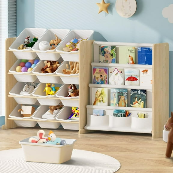 Kids Toy Storage Organizer with 12 Toy Bins and 4 Book Shelves