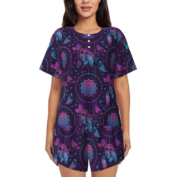 Fotbe Purple Dreamcatcher1 Conjunto de Pijama Estampado para Mujer, 2 Piezas, Ropa de Dormir con Camiseta de Manga Corta y Shorts Suaves-XX-Large