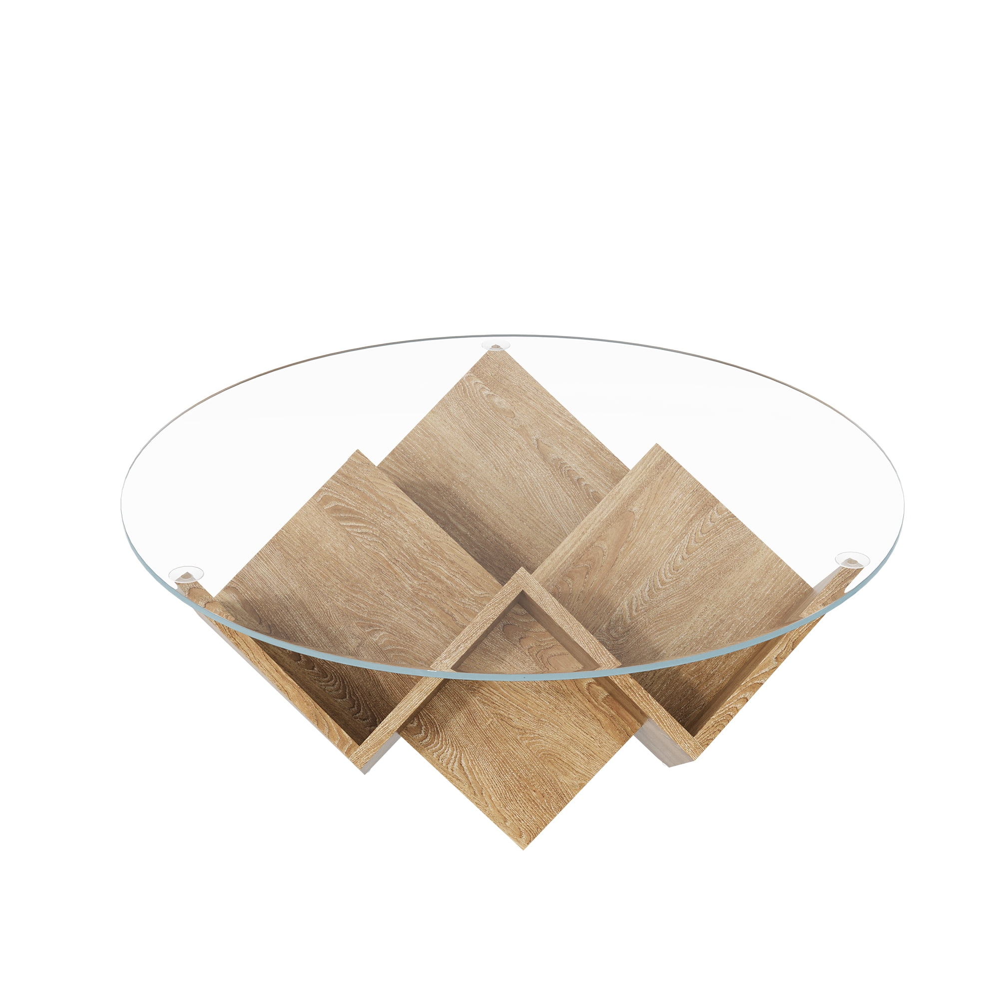 35.4" Round Coffee Table with Tempered Glass Top, Geometric Design Accent End Table with Abstract Art Deco Storage Shelves Base
