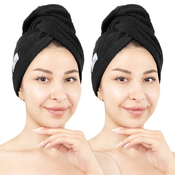 American Soft Linen 100% Cotton Turkish Hair Drying Towels, 2 Piece Quick Drying Hair Turban Towel Wrap, Black