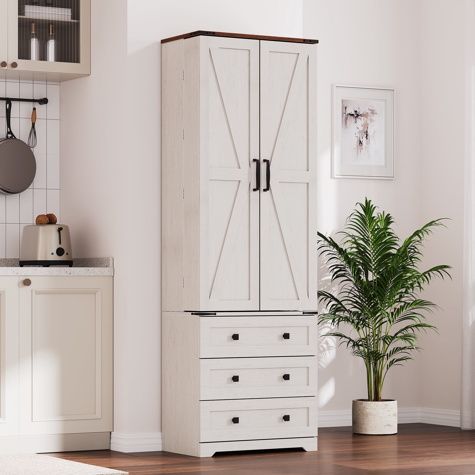 72" Tall Kitchen Pantry Cabinet with 3 Drawers&2 Barn Doors, Farmhouse  Storage Cabinet with Adjustable Shelves for Kitchen, Dining Room and Living Room
