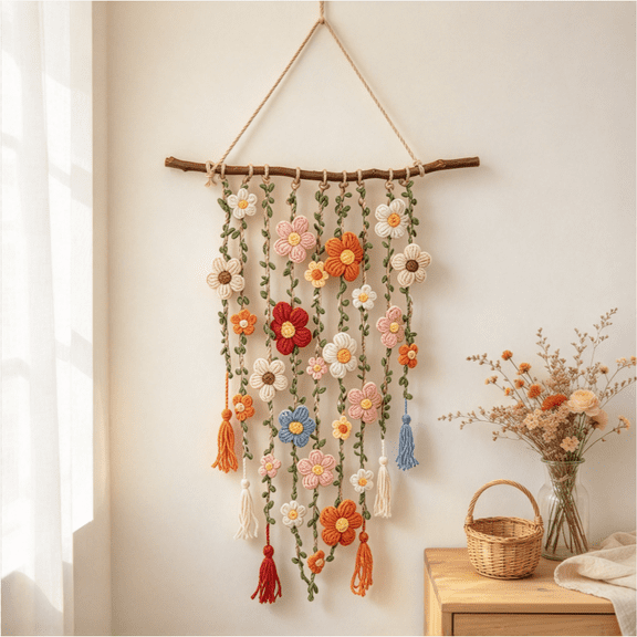 Boho Crochet Flower Wall Hanging,Handmade Crochet Flower Wall Decor,Rustic Boho Floral Macrame Wall Hanging for Living Room Bedroom Cafe Home Farmhouse Decor