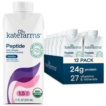 Kate Farms Organic Vegan Peptide 1.5, Meal Replacement Shake for Adults, Vanilla 11 fl oz 12-Pack