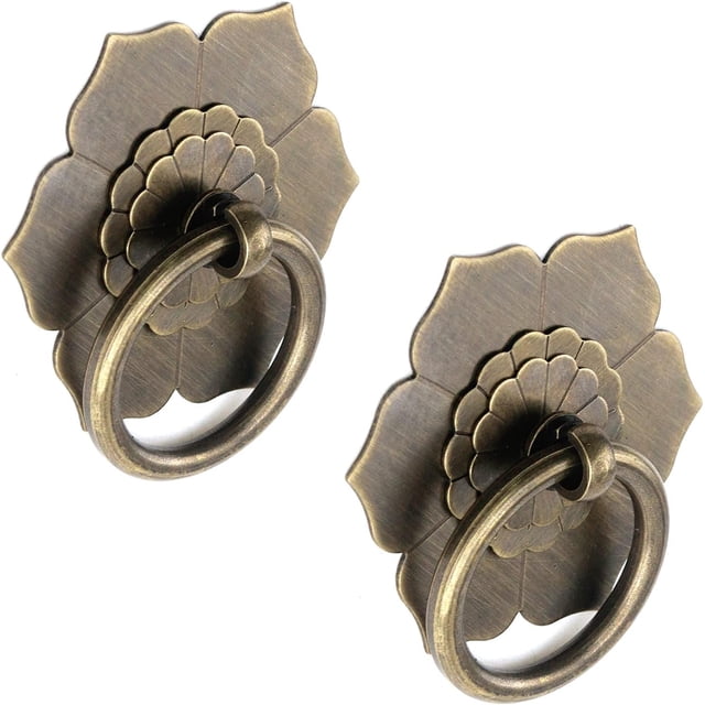 The lotus shape Drop Ring Knobs Antique Bronze Tone Ring Pulls Flower Shape Dresser Drawer Cabinet Pulls - 2pcs