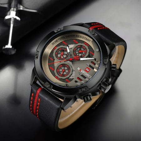 Bug Watch - Men Genuine Leather Band Quartz Data Day Display Big Round Dial Wrist Watch For Men & Boys Holiday Gifts, red,
