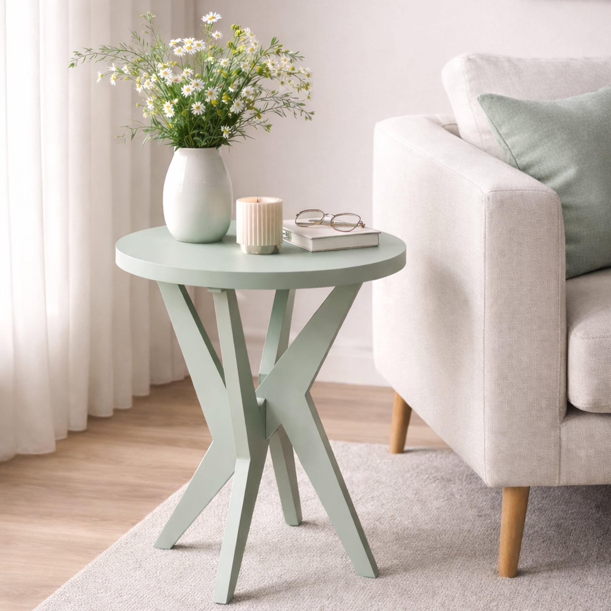 Round End Table 24'' High Side Table with Cross Legs, Modern Accent Bedside Table for Living Room, Balcony, Bedroom or Small Spaces, Green