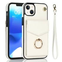 Elehold for iPhone 14 Plus Case Wallet RFID Blocking Organ Card Holder, PU Leather Purse Wrist Lanyard Strap Phone Case with Ring Stand for iPhone 14 Plus 6.7 inch 2022, 
White