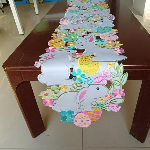HuiXinOu Easter Table Runner, Embroidered Bunny Eggs Design Lace Tablecloth, Spring Party Dining Table Holiday Decor
