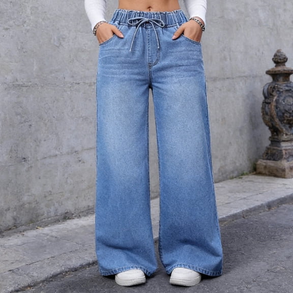 Women's Casual Jeans, Elastic Drawstring Waist Loose Fit Denim Pants with Pockets, Mid Waist Street Style Baggy Jeans, Comfortable Trousers for Daily Wear Light Blue L