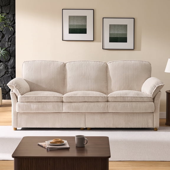 86.6" Corduroy Couches, Comfy 3 Seater Sofa with Pillow Top Armrest & Dual-Layer Cushions for Living Room Bedroom, Beige