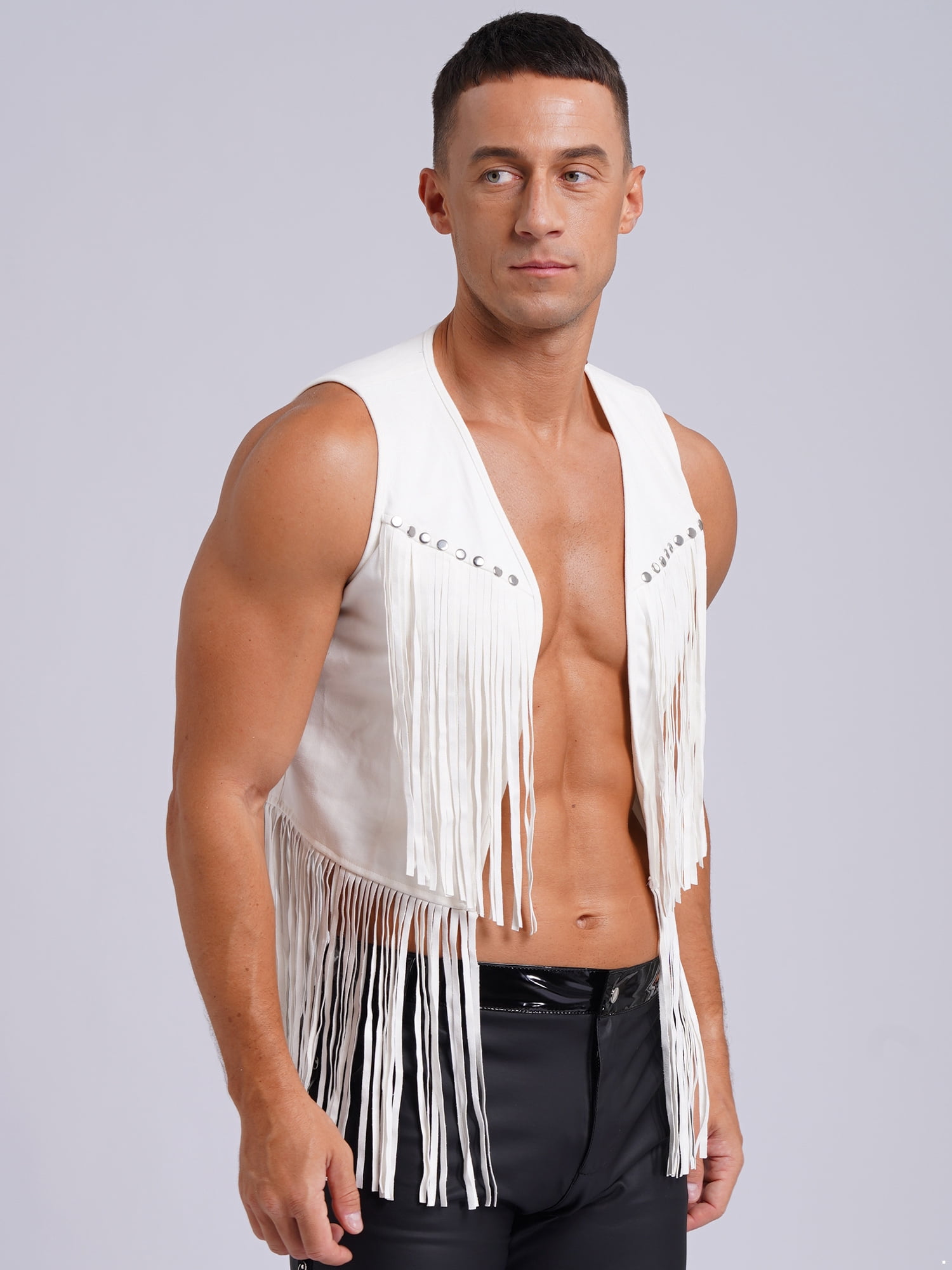 Zaldita Men's Fringe Open Front Vest Jacket Sleeveless Tassel Tops
