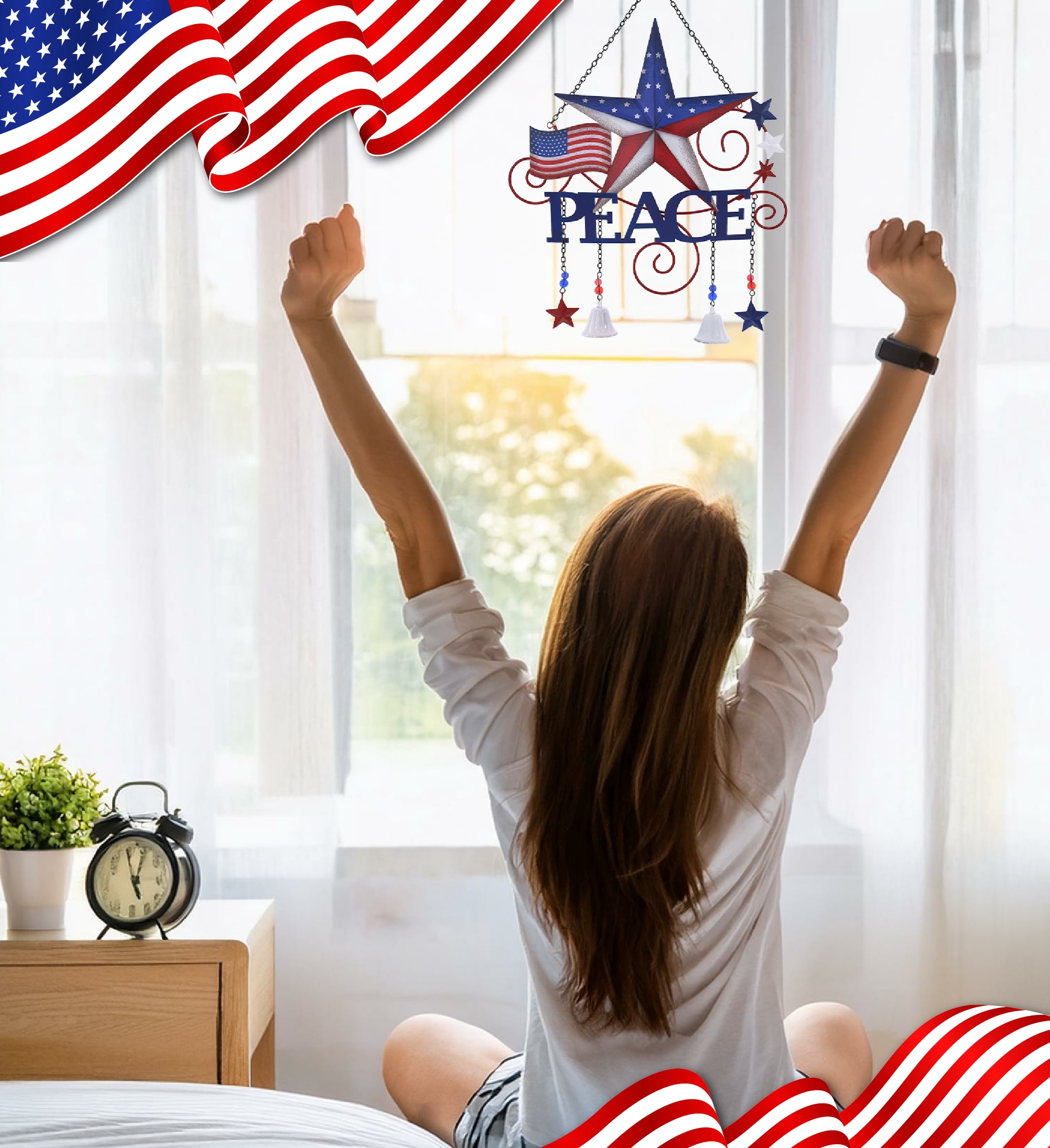 CoTa Global USA Flag Peace Wind Chime - American Flag Patriotic Indoor or Outdoor Windchime Home Decor with Hanging Bells, Handcrafted Glass and Metal Wind Chimes for Yard, Garden, Porch - 20 Inches