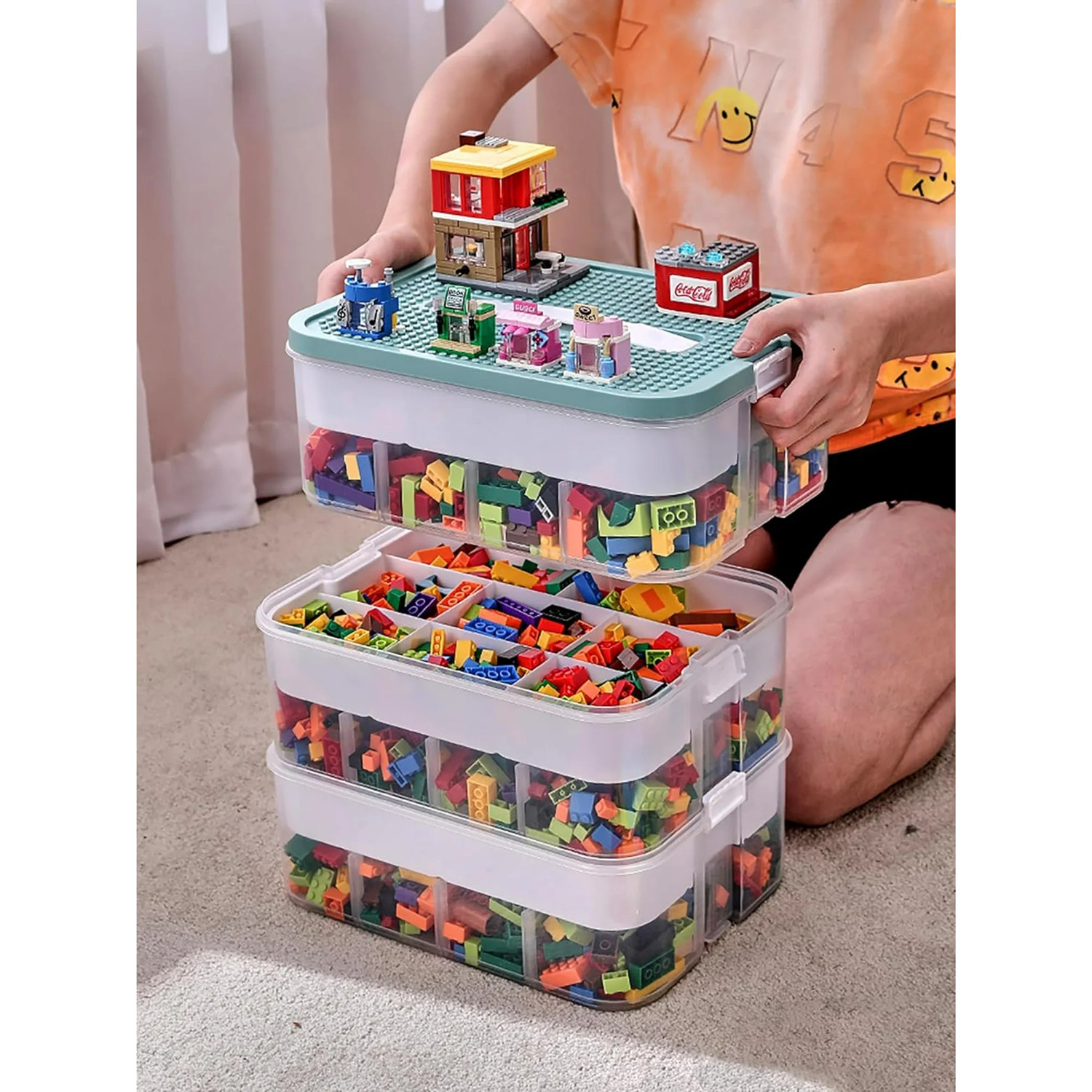 TEAFIRST Storage Organizer, Lego Box for Kids Toy Stackable Containers with Lids, Plastic, Green