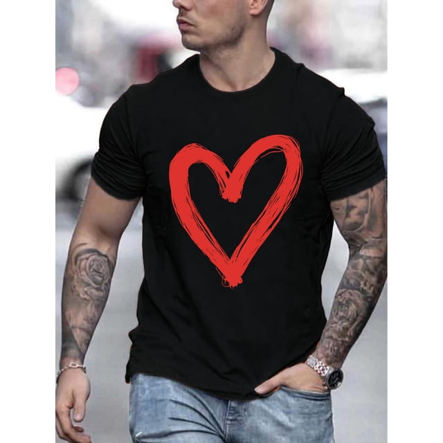 Men'S Casual Crew Neck T-Shirt with Red Heart Print, Knit Fabric, Slight Stretch, Regular Fit, Summer Fashion Tee