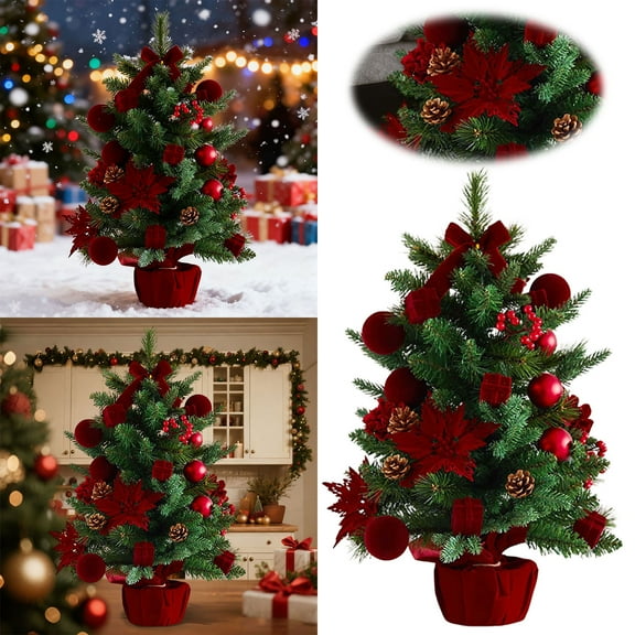 23in Red Tabletop Artificial Christmas Tree with Pine Cones, Ribbon Bows and Ball Ornaments,for Home, Office, Party Holiday Decorations, Festive Desktop Decor for Christmas Seasonal Celebrations
