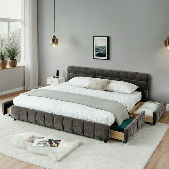 California King size Upholstered Bed, comfortable upholstered bed frame, Chenille fabric, with headboard and solid bed frame. With drawer for storage.-Dark Gray(90.5''*80.5''*31'')