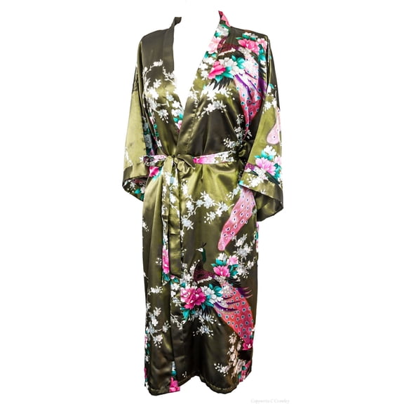 CCcollections Long Kimono Robe for Women, Good Quality Lightweight Stunning Luxury Style Peacock Bridesmaid Robe with Wide V-Shaped Neckline Bridal Shower, Birthday Women’s Gift (Green Olive)