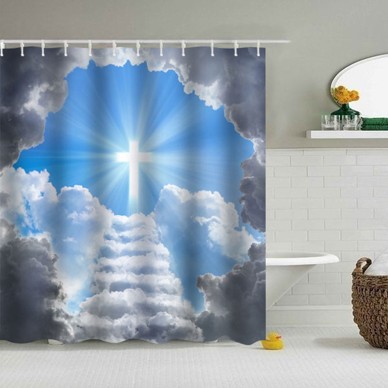 D 4pcs/set Sky Printing Waterproof Bathroom Shower Curtain Toilet Cover Mat 
