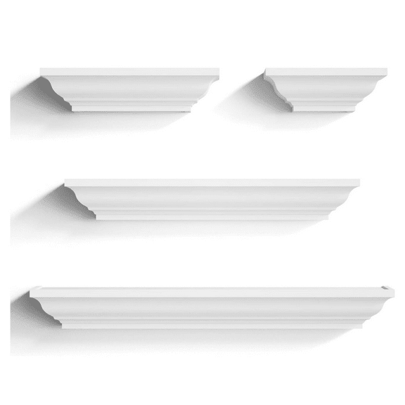 White Floating Shelves, 24 Inch Solid Wood Storage Wall Shelves Set of 4 Display Ledge Shelves Dr for Bedroom, Living Room, Bathroom, Kitchen - White