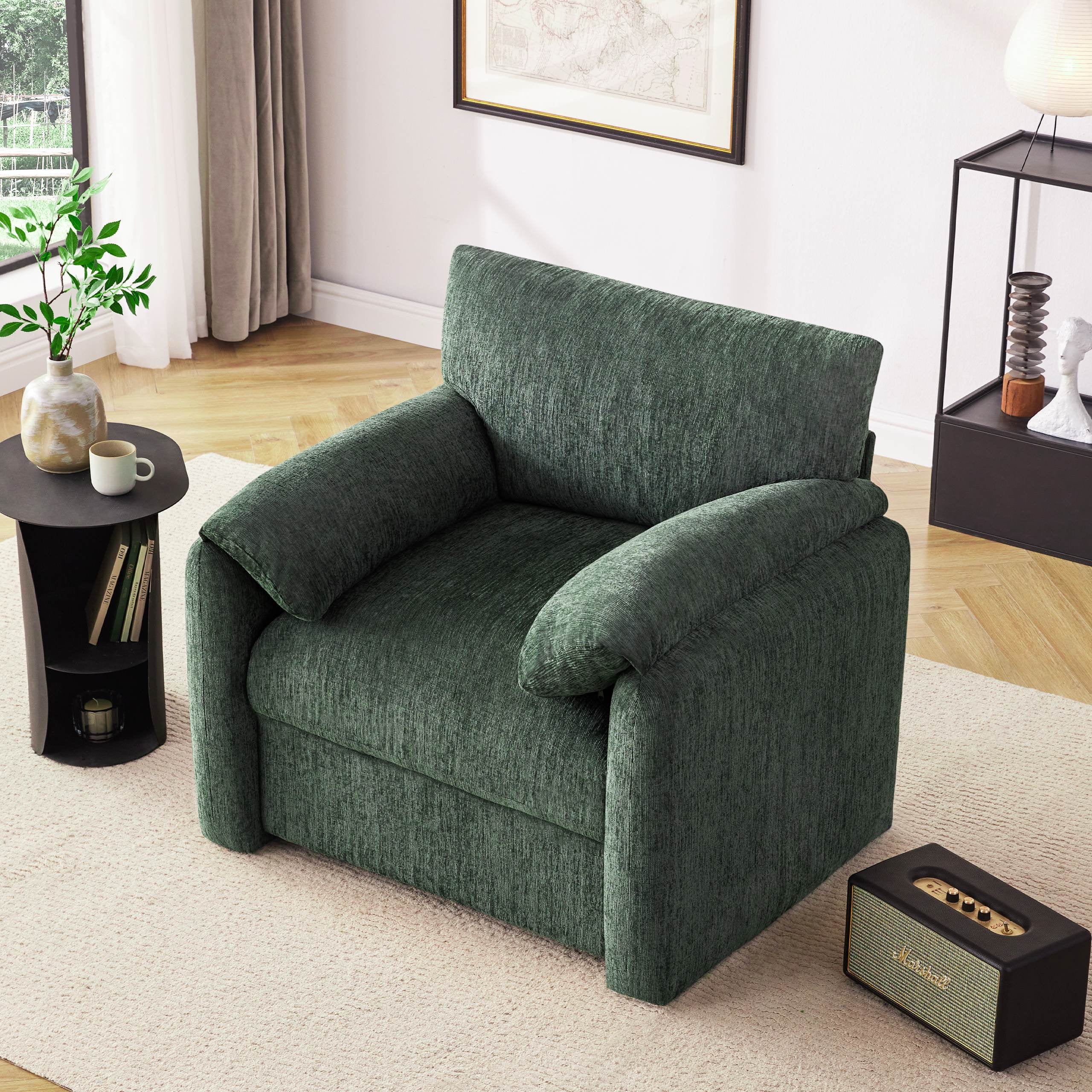 Chenille Oversized Armchair, 38.6" Wide Accent Chairs for Living Room & Bedroom Modern Lounge Chair, Upholstered Mid-Century Reading Chair, Comfy Living Room Chair, Single Sofa Chair, Green