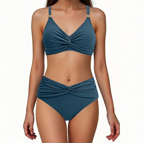 cocolona Bikini Sets for Women Summer Solid Color Two Piece Swimsuits Holiday Vacation Beach Pleated Swimwear
