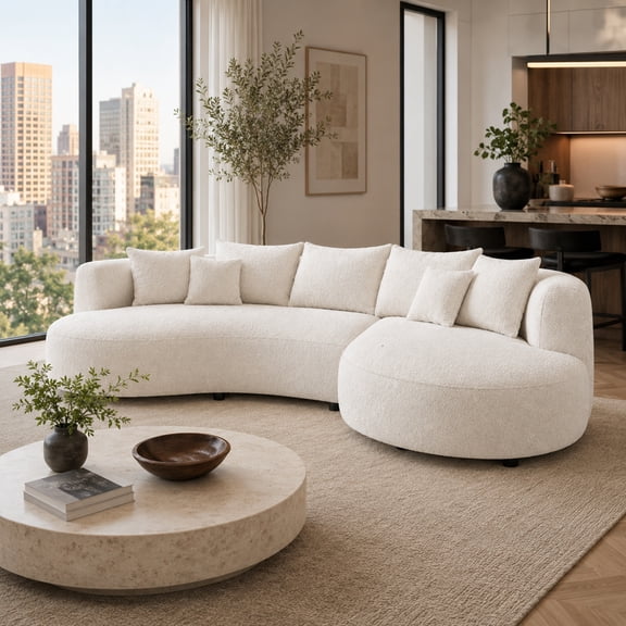 125" Oversized Curved Sherpa Sectional Sofa, Extra-Wide Nordic Cloud Couch with Left-Facing Chaise, Cream Fabric for Living Room, Reception Area, Home & Apartment