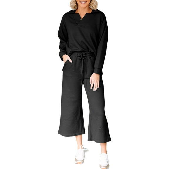 Women's 2-Piece Set: Black Solid Textured Collared V Neck Top and Wide Leg Pants | [ZhiHiMeRi] | (US 20-22)2XL