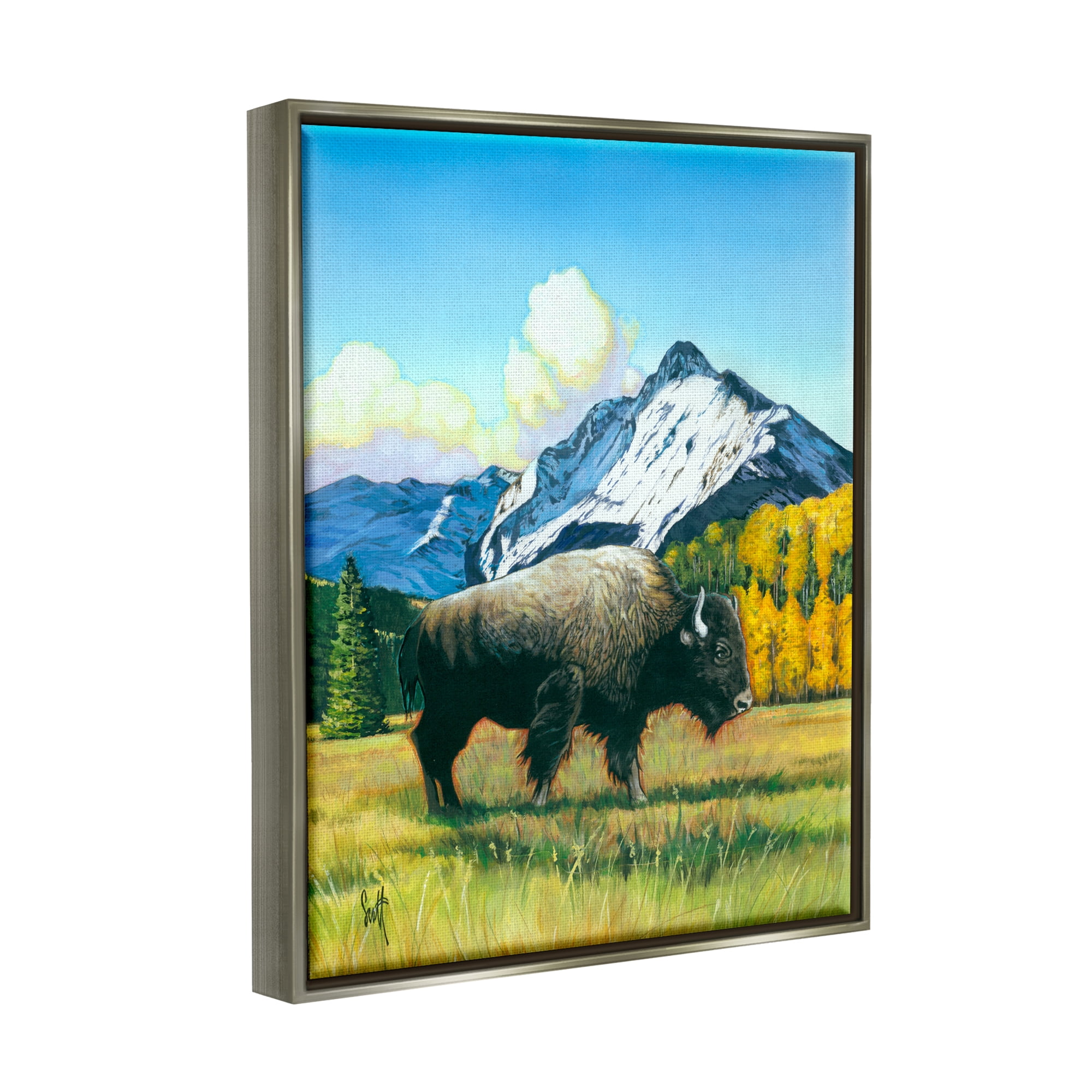 Stupell Industries Bison Rural Mountain Painting Animals & Insects Painting Gray Floater Framed Art Print Wall Art, 25 x 31