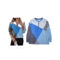 thumbnail image 3 of Camiseta de Larga para Mujer, Cuello Redondo, Estilo Casual, con Media Cremallera, Estampado Geométrico y Bloques de Color. Azul L, 3 of 6