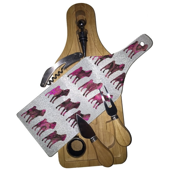 KuzmarK Wine & Cheese Glass Cutting Board Wood Box Gift Set - Pug Dog