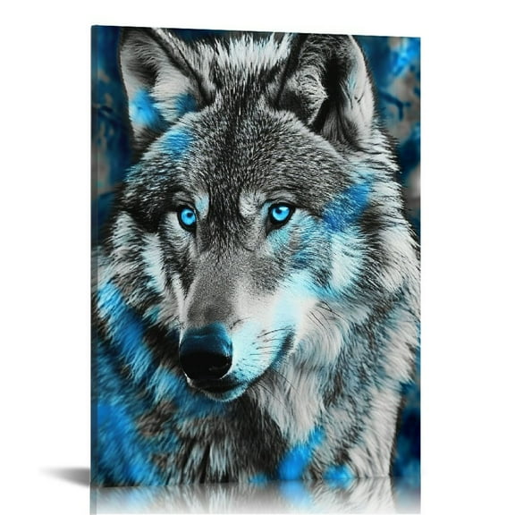 EastSmooth  Wildlife Animal Canvas Wall Art Black White Wolf with Blue Eyes Picture Giclee Prints Artwork Framed and Stretched Painting for Modern Home Living Room Office Bedroom Bathroom Decoration