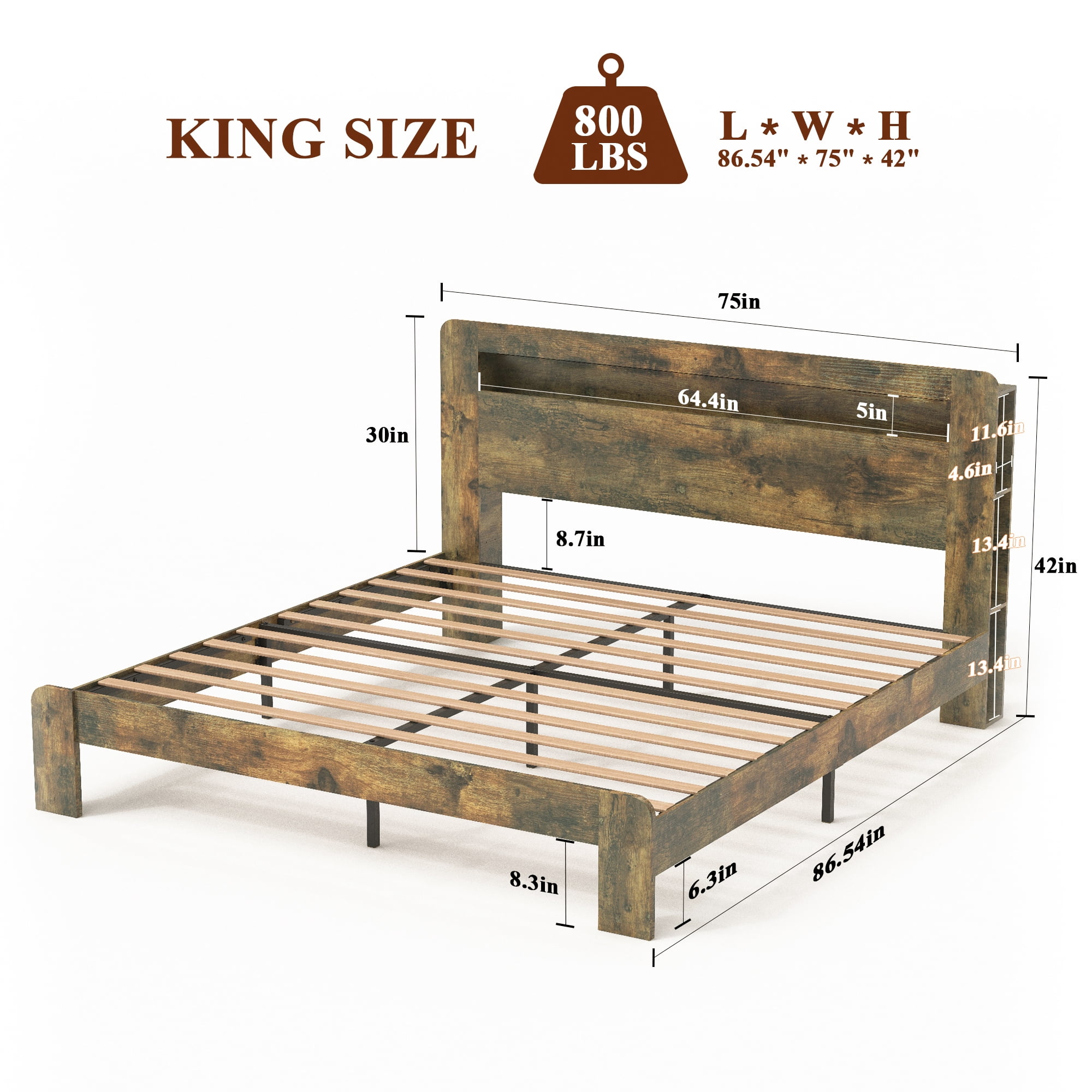 Gewnee King Size Wood Platform Bed Frame with LED Storage Headboard, No Box Spring Needed, Dark Brown